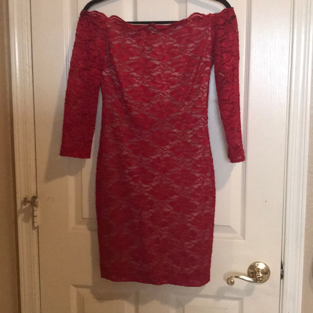 Off-The-Shoulder Long Sleeve Lace Overlay Dress